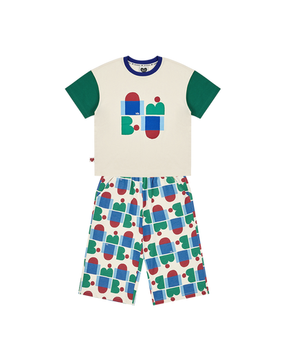 [SET] Cream BB Figure Color Block Pattern Crop