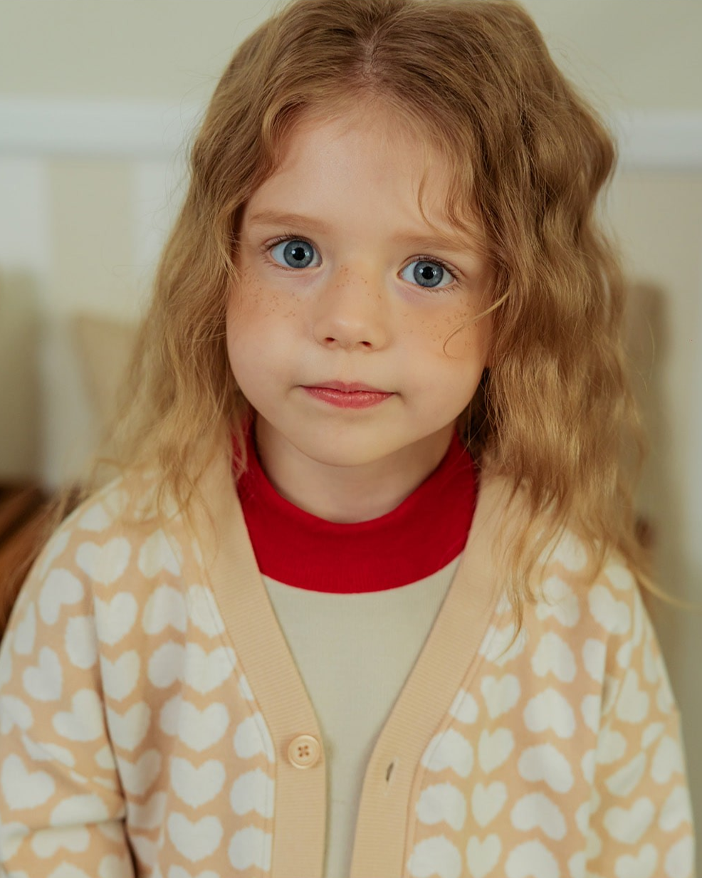 Beige Grid BB Heart Pattern Knit Cardigan