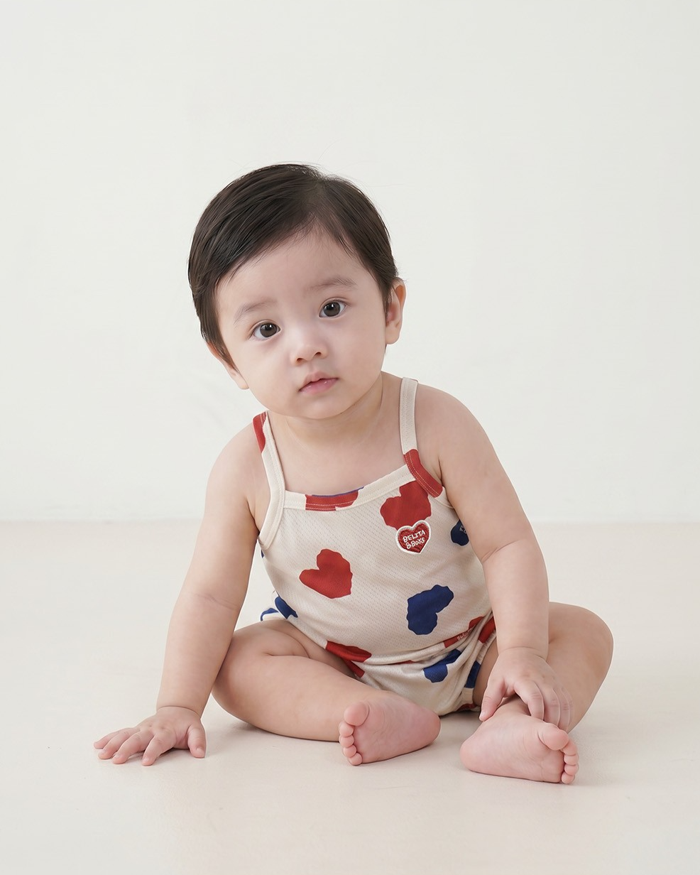 [BABY SET] Ivory Red Blue Heart Pattern Mesh Sleeveless Shorts