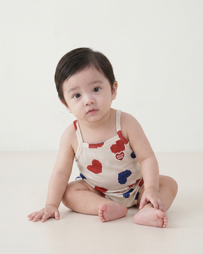 [BABY SET] Ivory Red Blue Heart Pattern Mesh Sleeveless Shorts