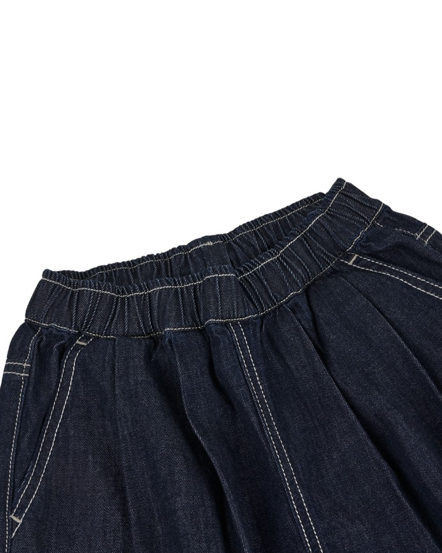 Navy BB Heart Two-Pleat Wide Denim Bermuda Pants