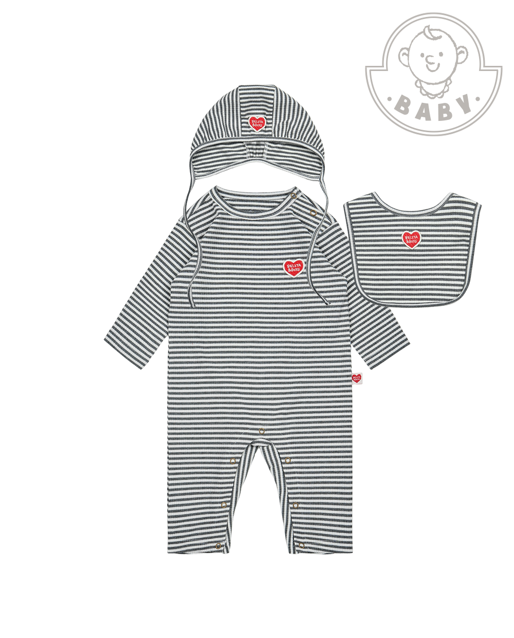 [BABY SET] Grey Stripe Rib Jumpsuit & Bib & Bonnet