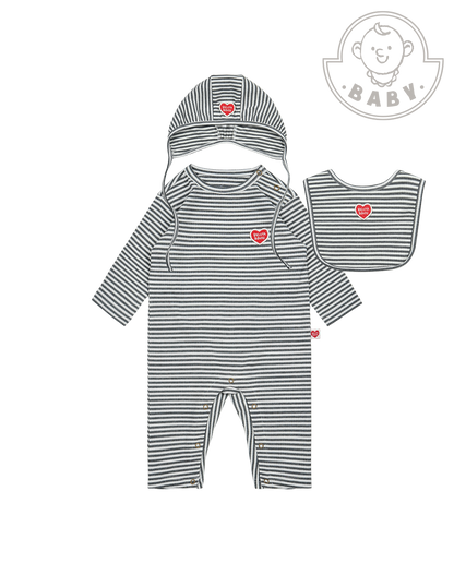 [BABY SET] Grey Stripe Rib Jumpsuit & Bib & Bonnet