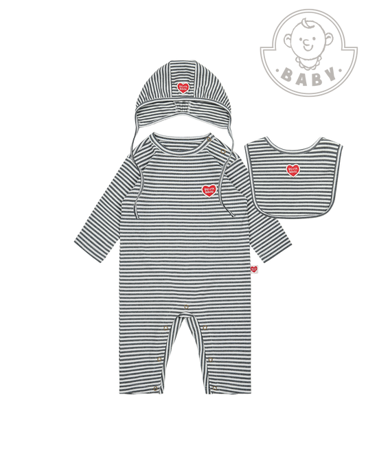 [BABY SET] Grey Stripe Rib Jumpsuit & Bib & Bonnet
