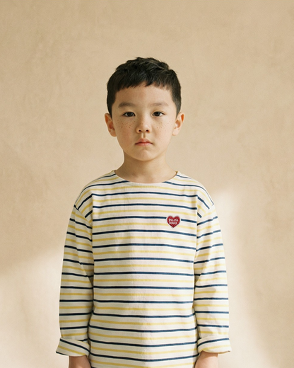 Yellow BB Heart Multi Stripe Boat Neck Long Sleeve