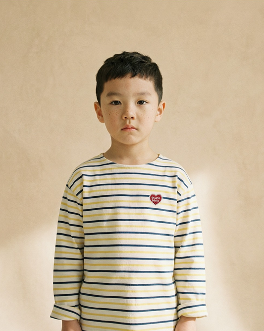 Yellow BB Heart Multi Stripe Boat Neck Long Sleeve