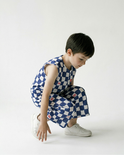 [SET] Blue Checkerboard Mesh Sleeveless Crop
