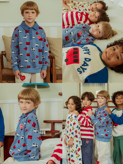 Light Blue Bus and Truck Pattern Collar Knit Sweater