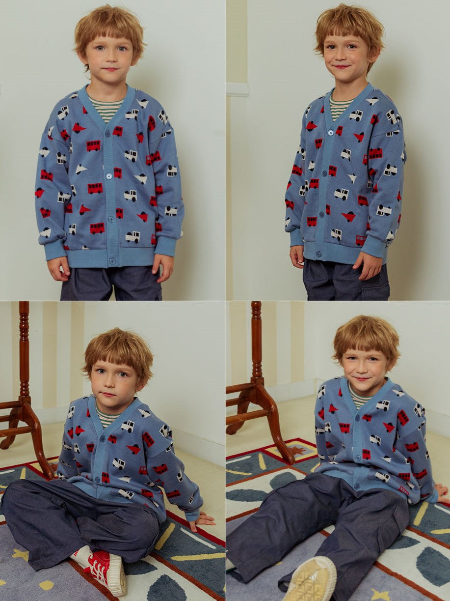 Light Blue Bus and Truck Pattern Knit Cardigan