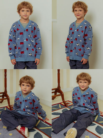 Light Blue Bus and Truck Pattern Knit Cardigan