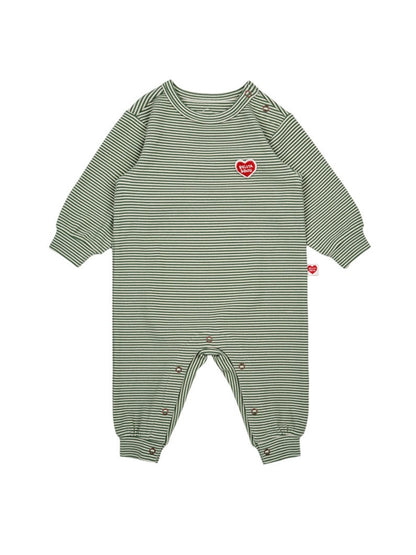 [BABY SET] Green Stripe Brushed Jumpsuit & Bib & Bonnet