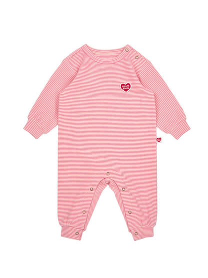 [BABY SET] Pink Stripe Brushed Jumpsuit & Bib & Bonnet