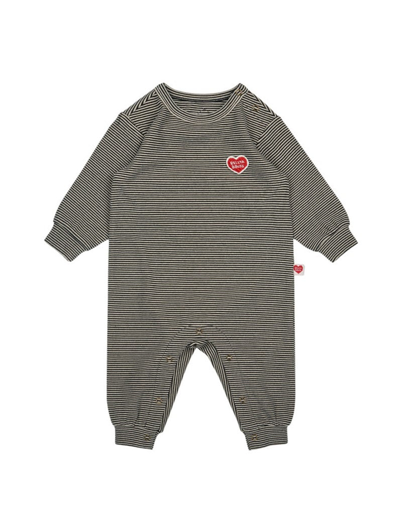 [BABY SET] Black Stripe Brushed Jumpsuit & Bib & Bonnet