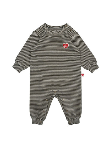 [BABY SET] Black Stripe Brushed Jumpsuit & Bib & Bonnet