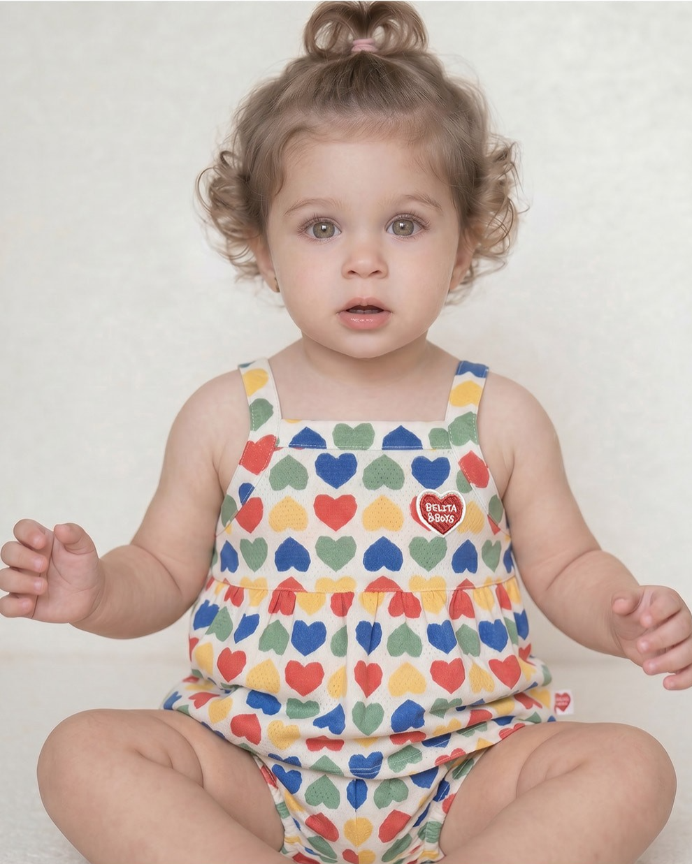 [BABY GIRL SET] Cream Rainbow Heart Mesh Sleeveless Shorts