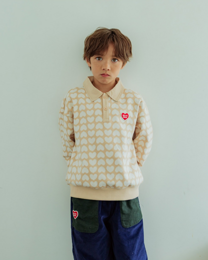 Beige Grid BB Heart Pattern Collar Knit Sweater