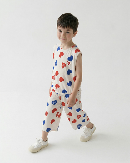 [SET] Ivory Red Blue Heart Pattern Mesh Sleeveless Crop