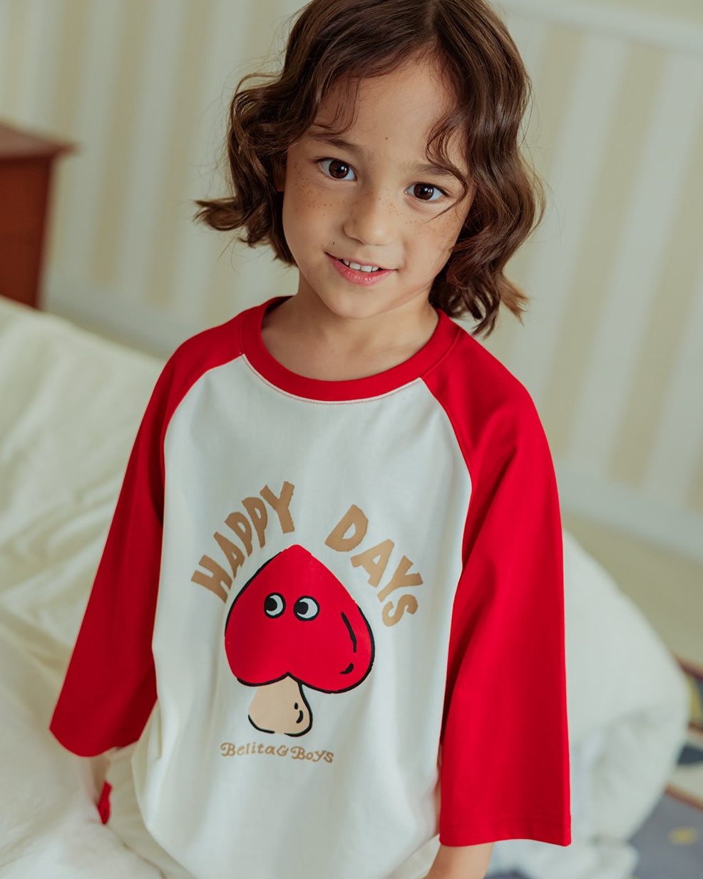Red Mushroom Color Block Raglan Mid Sleeve