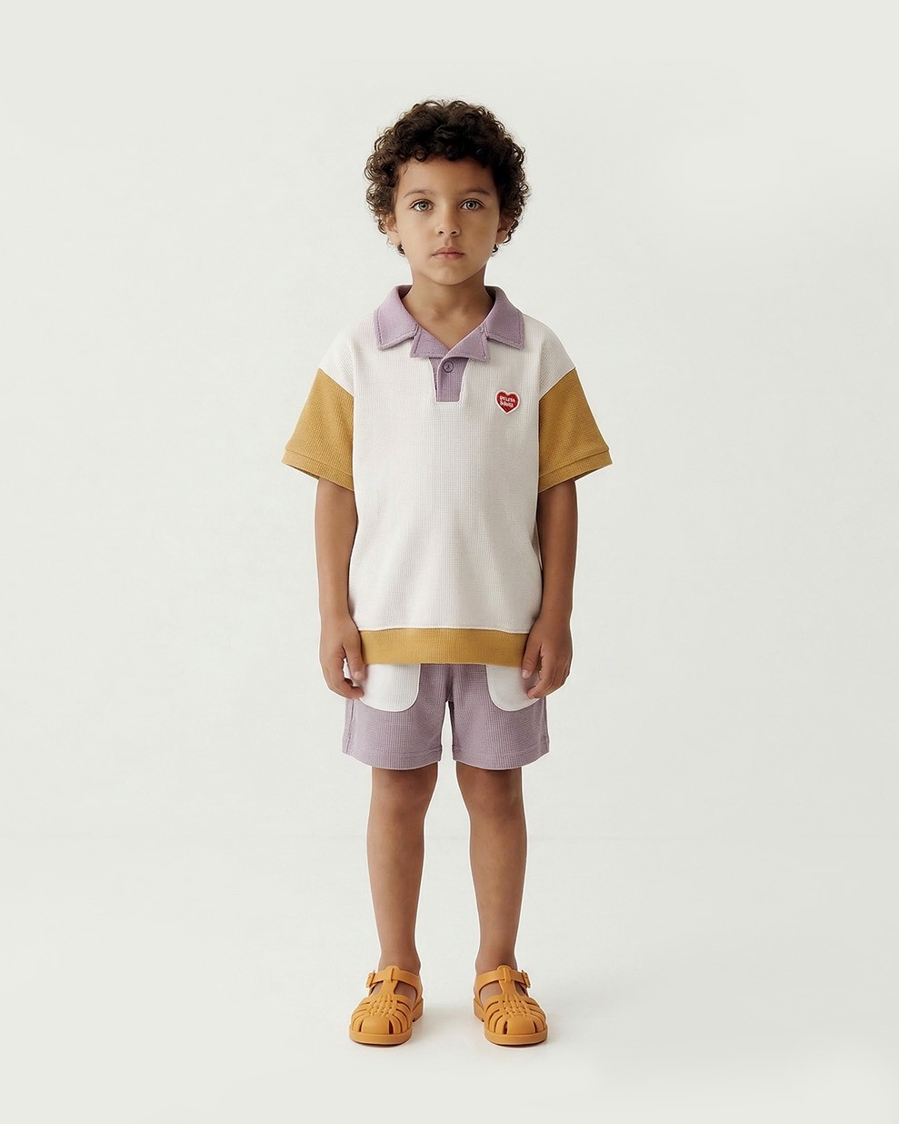 Cream BB Heart Color Block Waffle Collar Shirt