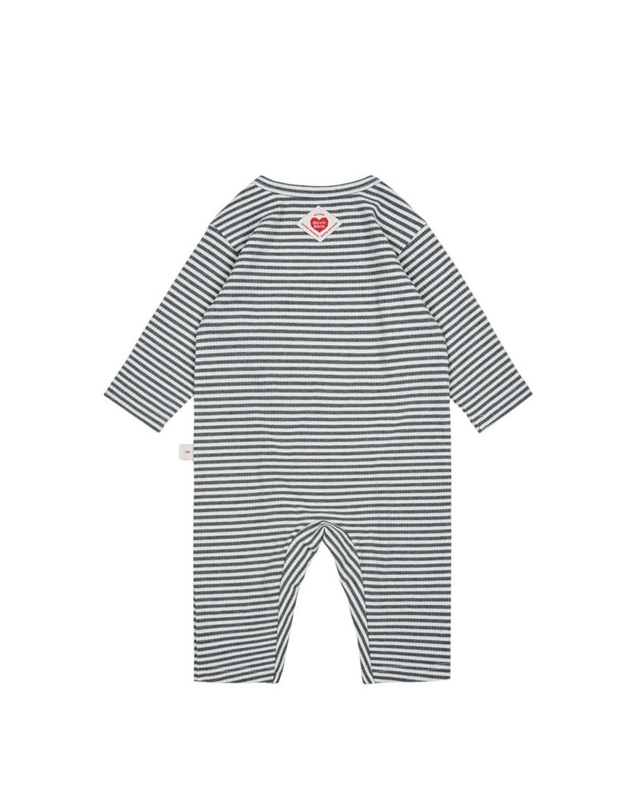 [BABY SET] Grey Stripe Rib Jumpsuit & Bib & Bonnet