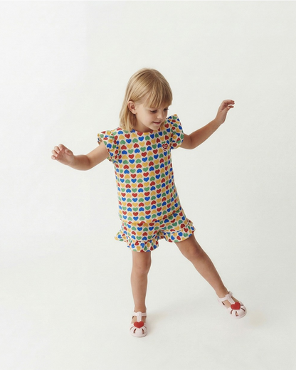 [GIRL SET] Cream Rainbow Heart Polysucker Blouse & Shorts