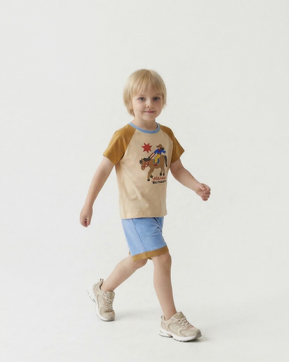 [SET] Beige Cowboy Color Block Shorts