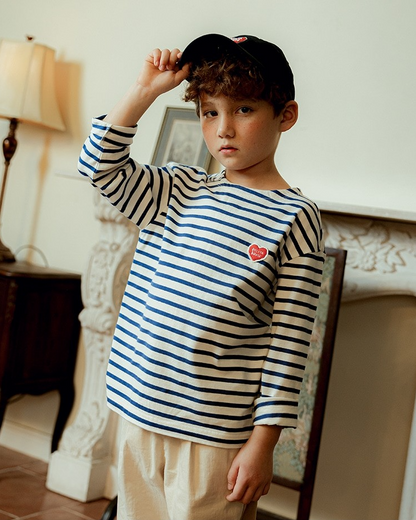 Blue Stripe BB Heart Boat Neck Long Sleeve