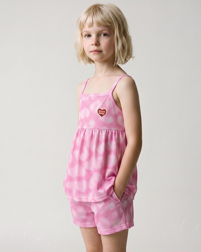 [GIRL SET] Pink Water Dye Heart Pattern Sleeveless Shorts
