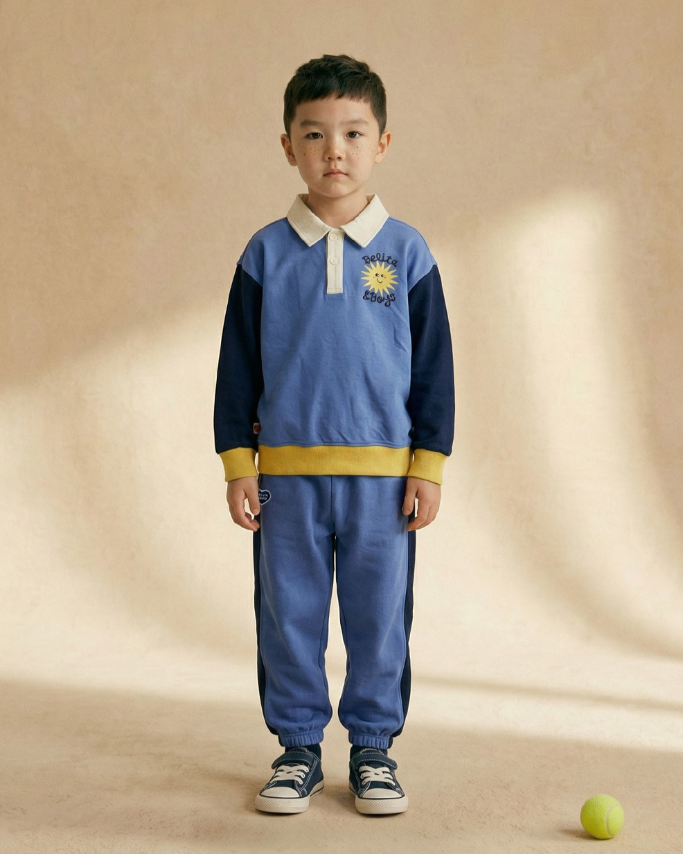 [SET] Mid Blue Sun Color Block Collar Jogger