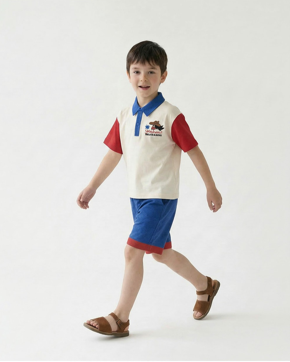 [SET] Cream Cowboy Color Block Collar Shirt & Shorts
