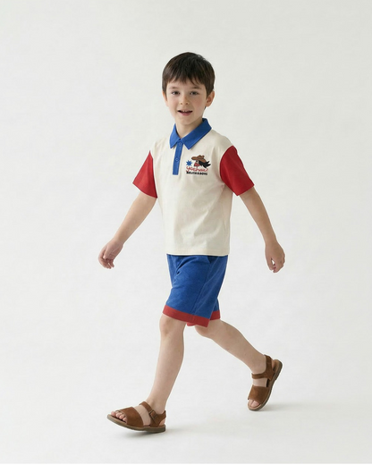[SET] Cream Cowboy Color Block Collar Shirt & Shorts