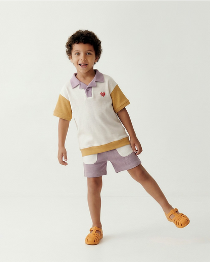 Cream BB Heart Color Block Waffle Collar Shirt