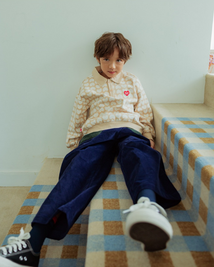 Beige Grid BB Heart Pattern Collar Knit Sweater