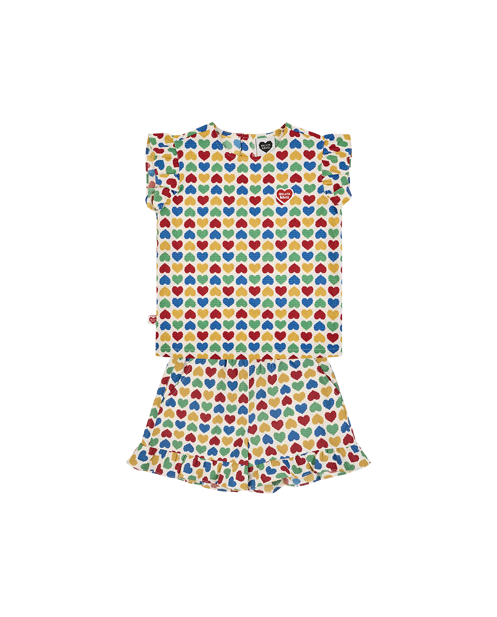 [GIRL SET] Cream Rainbow Heart Polysucker Blouse & Shorts