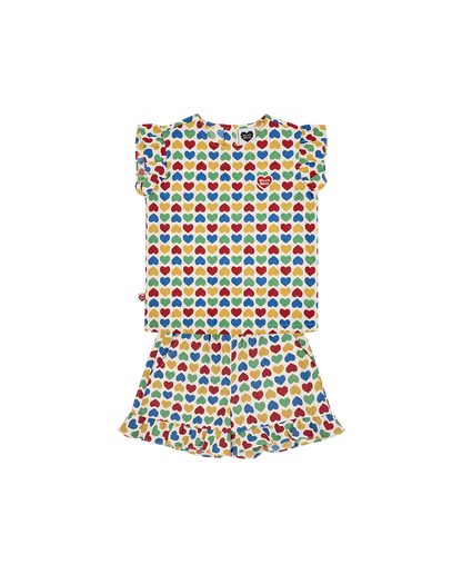 [GIRL SET] Cream Rainbow Heart Polysucker Blouse & Shorts