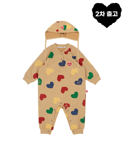 [BABY SET] Camel BB Color Heart Pattern Jumpsuit & Bonnet