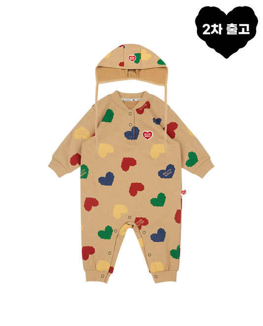 [BABY SET] Camel BB Color Heart Pattern Jumpsuit & Bonnet