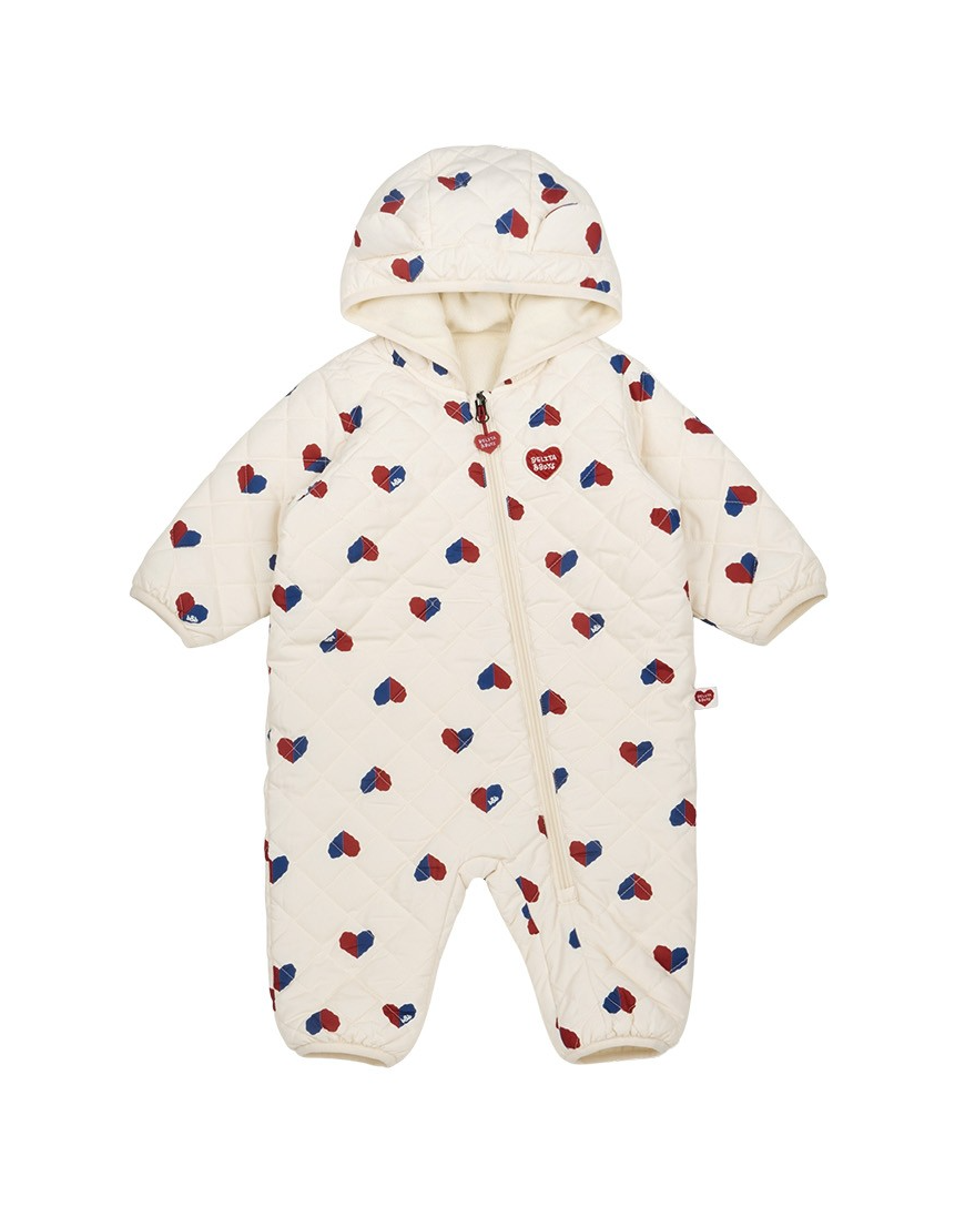 BABY Cream Red Blue Heart Quilted Hooded Jumpsuit
