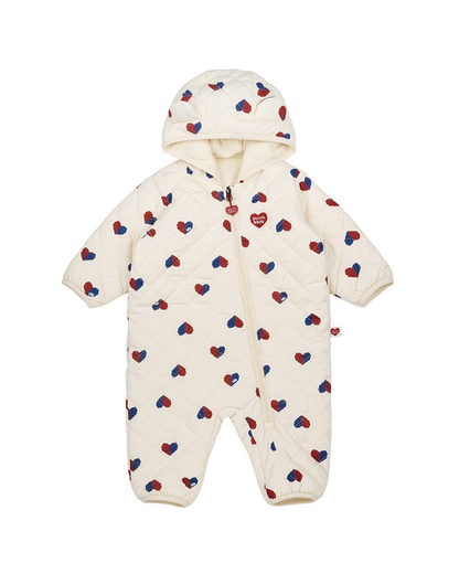 BABY Cream Red Blue Heart Quilted Hooded Jumpsuit