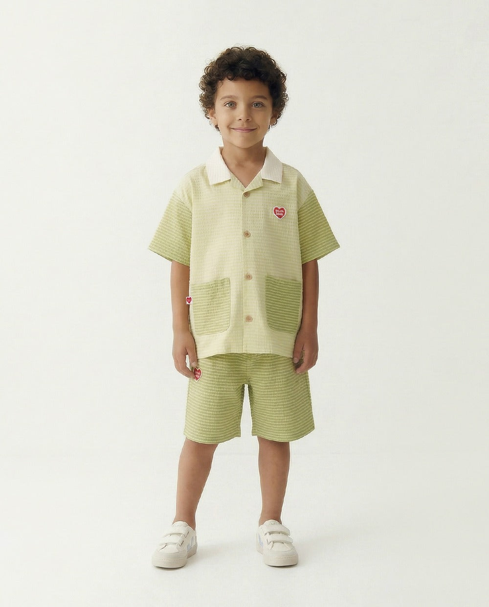 [SET] Green Color Block Polysucker Shirt & Shorts
