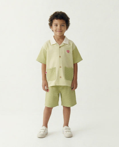 [SET] Green Color Block Polysucker Shirt & Shorts