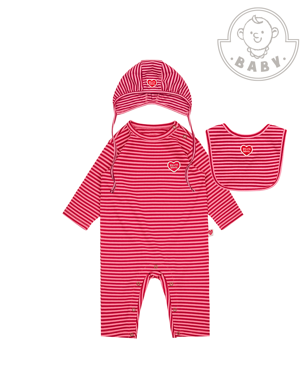 [BABY SET] Red Stripe Rib Jumpsuit & Bib & Bonnet