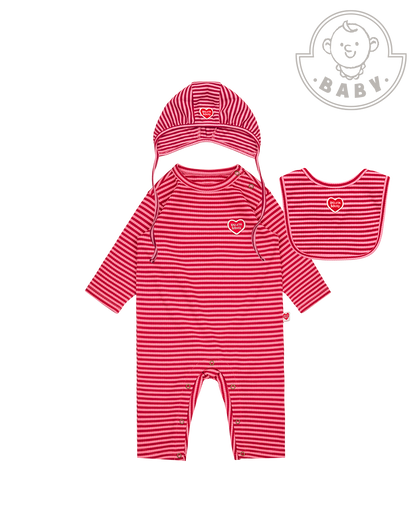 [BABY SET] Red Stripe Rib Jumpsuit & Bib & Bonnet