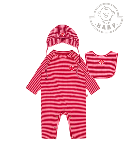 [BABY SET] Red Stripe Rib Jumpsuit & Bib & Bonnet