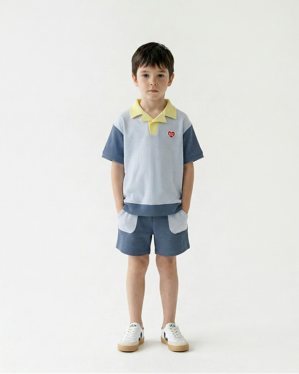 Blue BB Heart Pocket Color Block Waffle Shorts