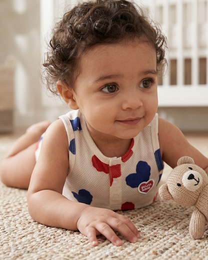 BABY Ivory Red Blue Heart Pattern Mesh Sleeveless Bodysuit