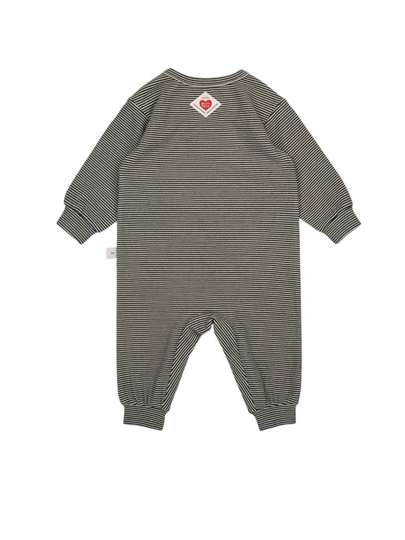 [BABY SET] Black Stripe Brushed Jumpsuit & Bib & Bonnet