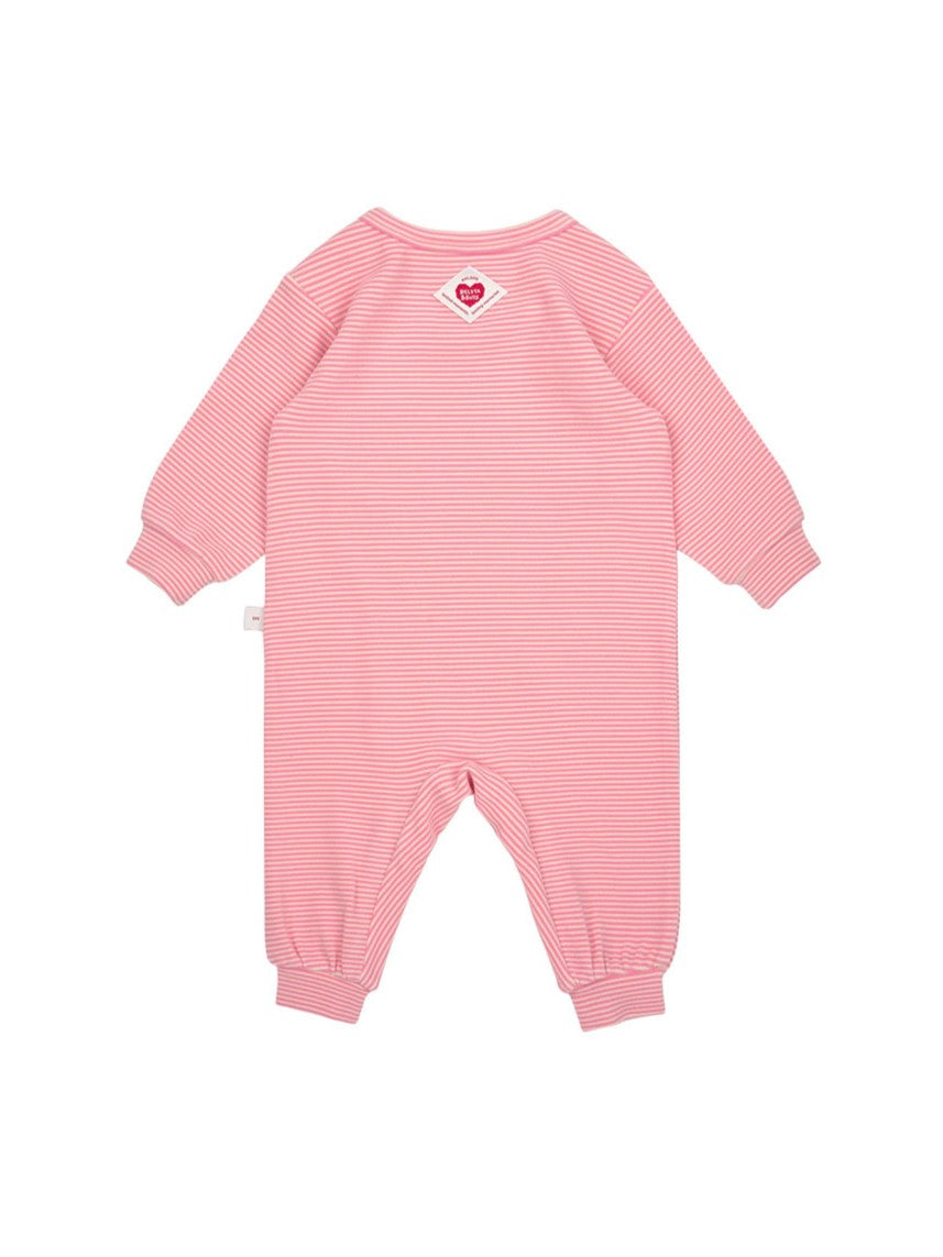 [BABY SET] Pink Stripe Brushed Jumpsuit & Bib & Bonnet