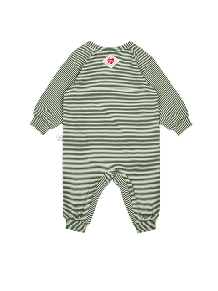 [BABY SET] Green Stripe Brushed Jumpsuit & Bib & Bonnet
