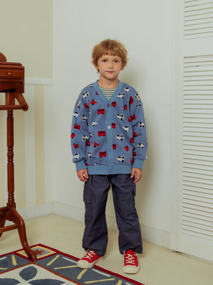 Light Blue Bus and Truck Pattern Knit Cardigan